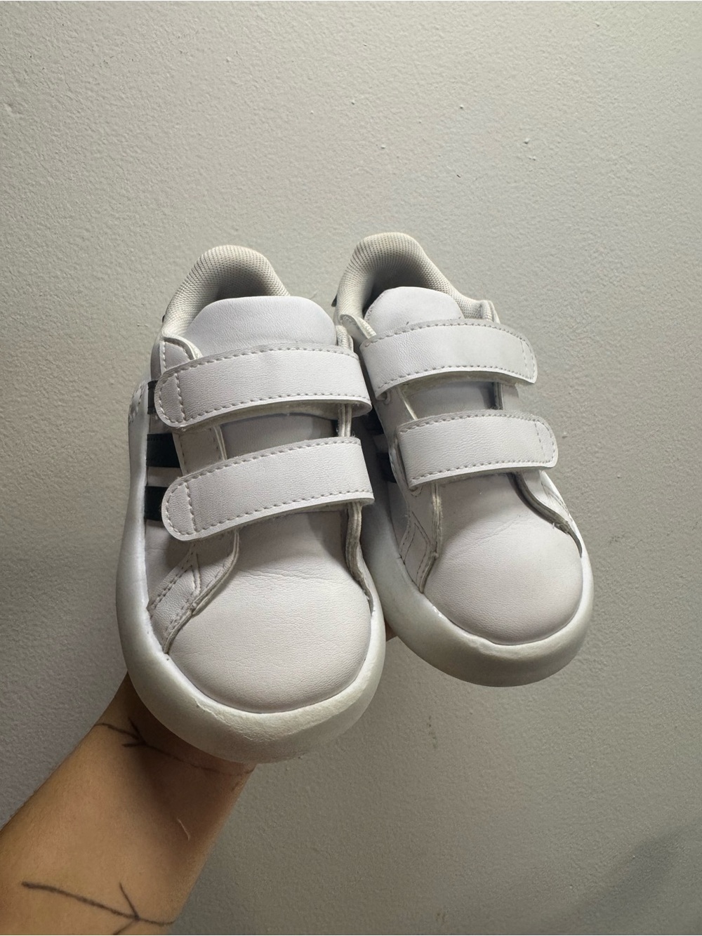 adidas Kids White Velcro Sneakers with Black Stripes